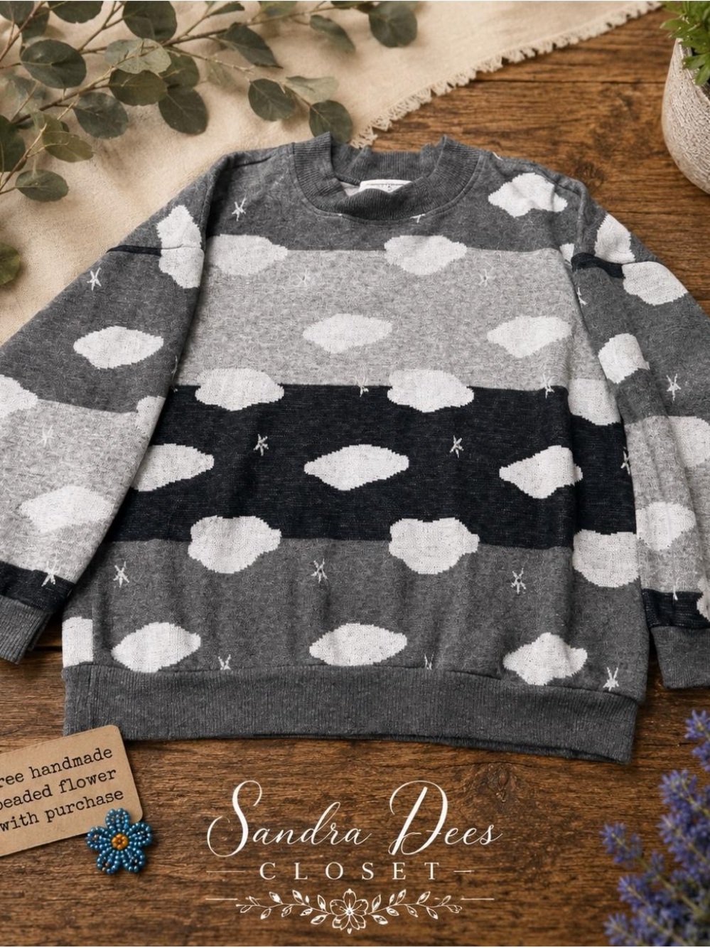 Vintage Cloud-Pattern Gray Crewneck Sweater